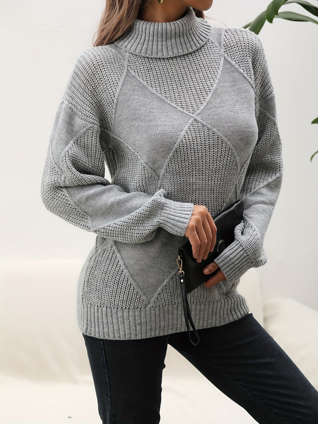 Helena | Women's Roll Neck Jumper Diamond Knit Dropped Shoulders