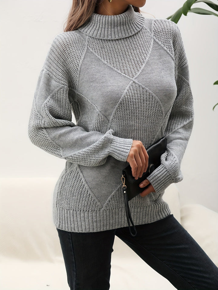 Helena | Women's Roll Neck Jumper Diamond Knit Dropped Shoulders