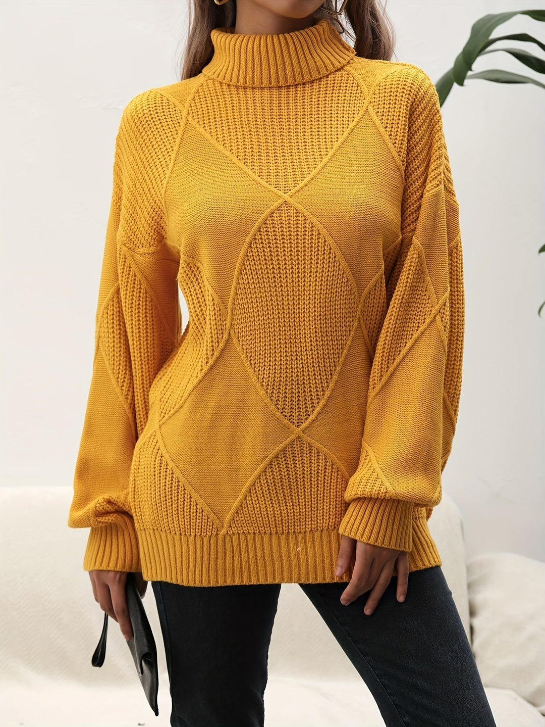 Helena | Women's Roll Neck Jumper Diamond Knit Dropped Shoulders