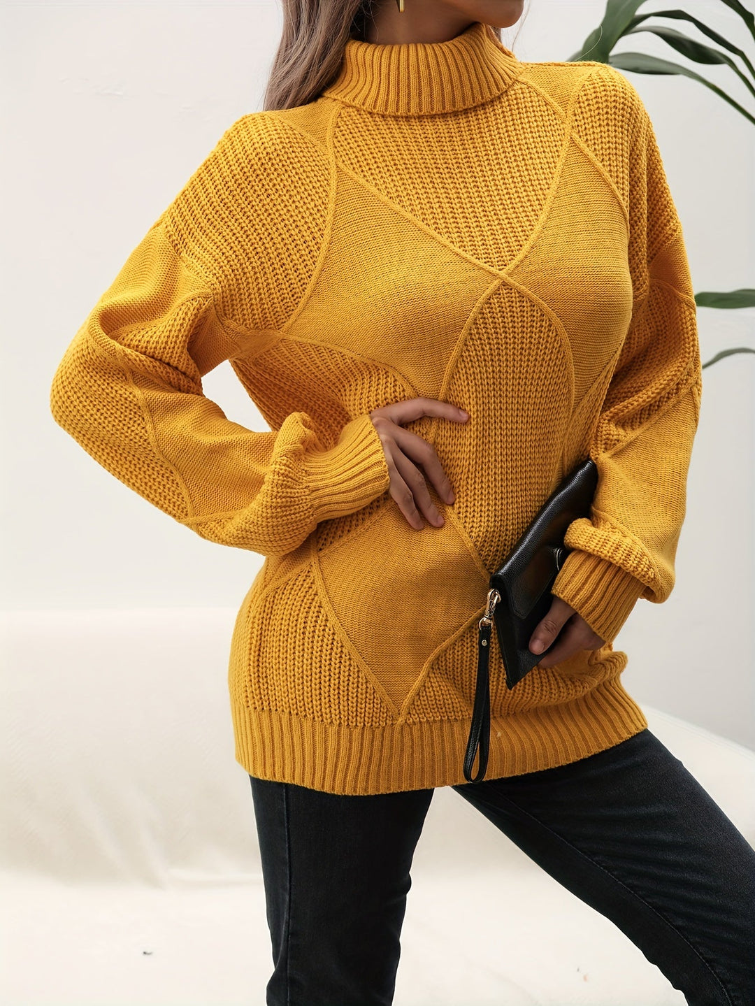 Helena | Women's Roll Neck Jumper Diamond Knit Dropped Shoulders