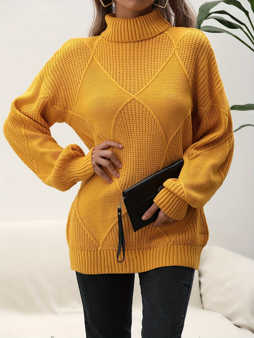 Helena | Women's Roll Neck Jumper Diamond Knit Dropped Shoulders