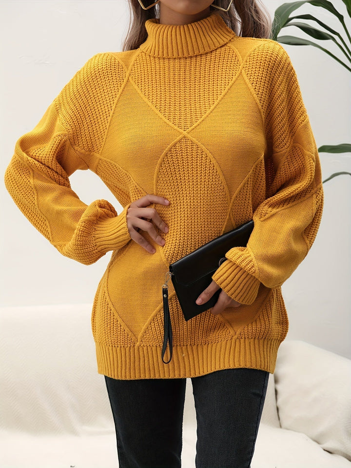 Helena | Women's Roll Neck Jumper Diamond Knit Dropped Shoulders