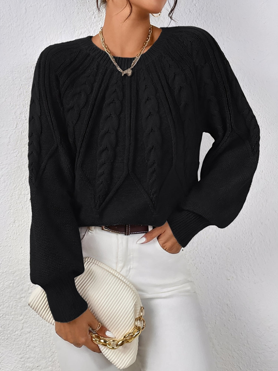 Adelgunde | Women's Oversized Cable Knit Jumper Crew Neck Balloon Sleeves