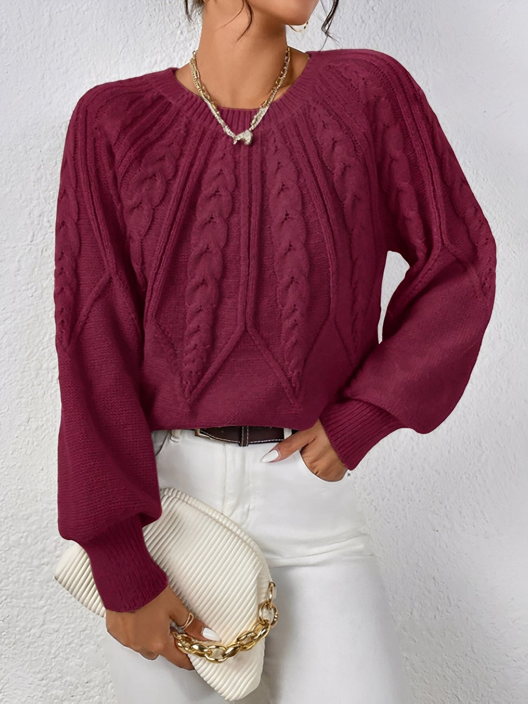 Adelgunde | Women's Oversized Cable Knit Jumper Crew Neck Balloon Sleeves