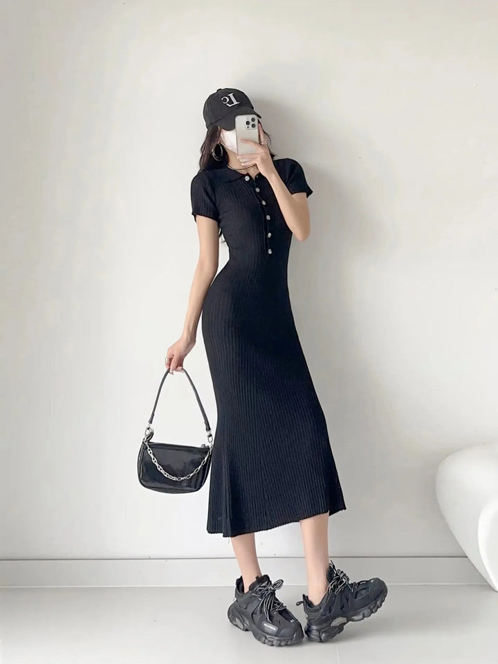 Freya | Women's Ribbed Polo Collar Midi Dress Button Front Bodycon