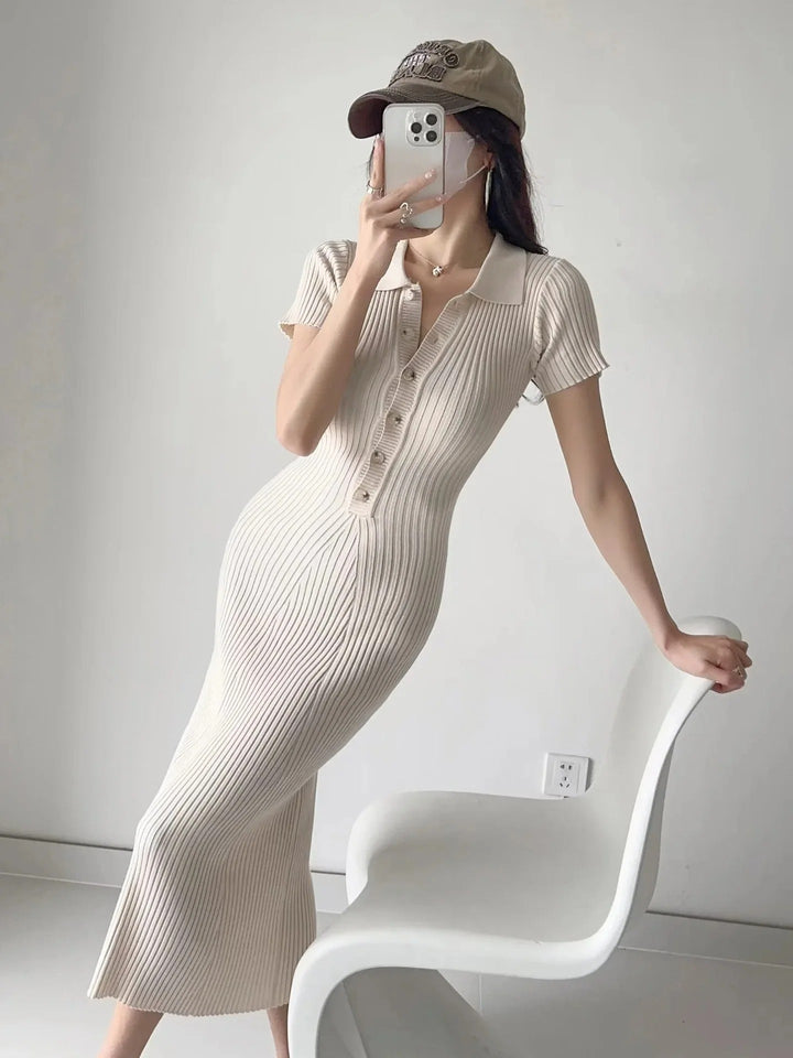 Freya | Women's Ribbed Polo Collar Midi Dress Button Front Bodycon