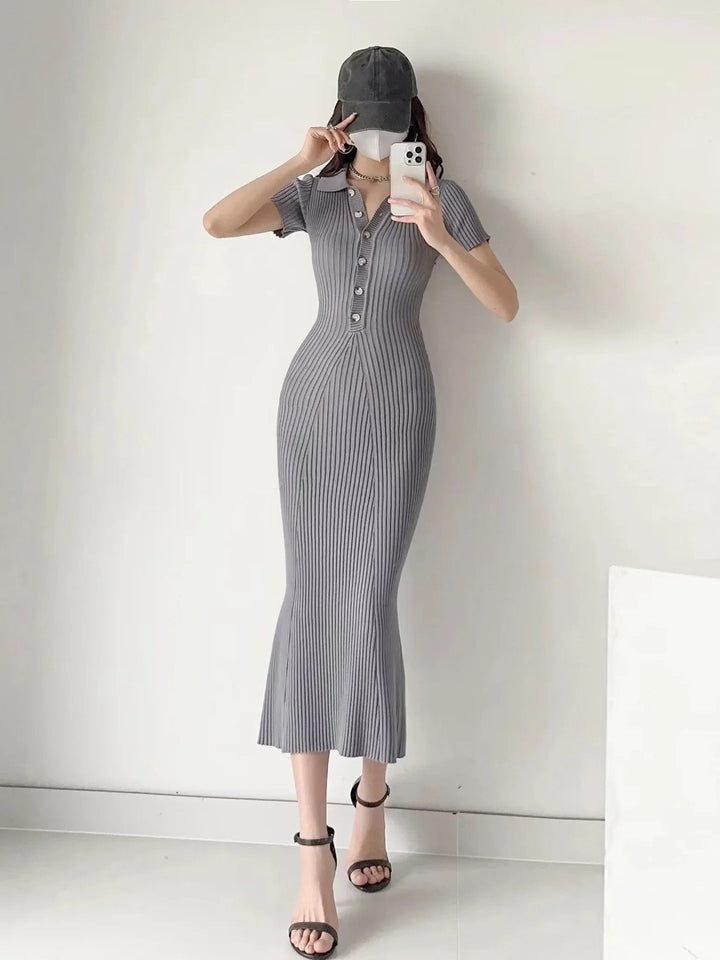 Freya | Women's Ribbed Polo Collar Midi Dress Button Front Bodycon