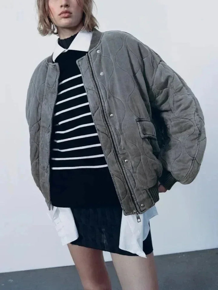 Oversized Quilted Women's Bomber Jacket with Press Studs
