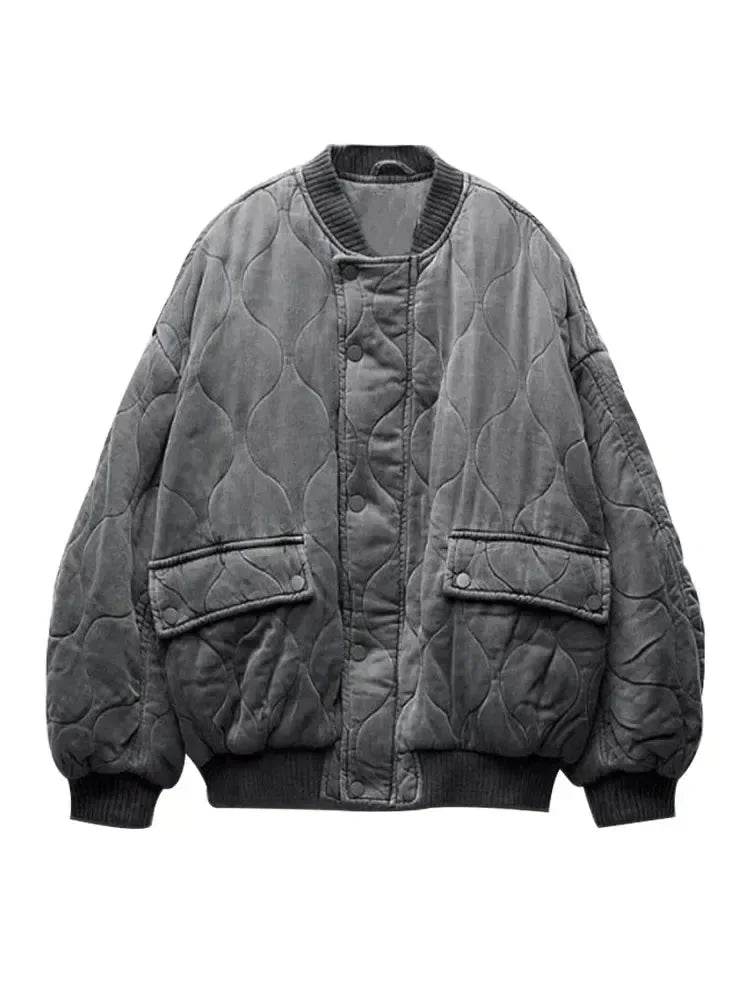 Oversized Quilted Women's Bomber Jacket with Press Studs