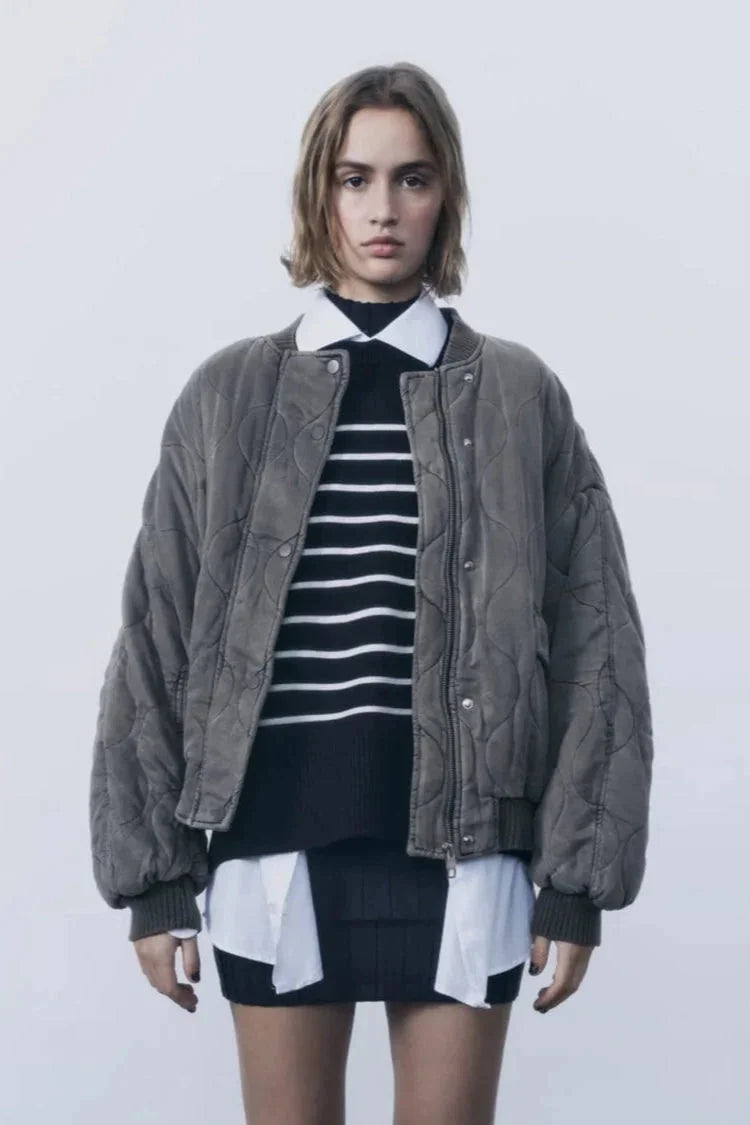 Oversized Quilted Women's Bomber Jacket with Press Studs