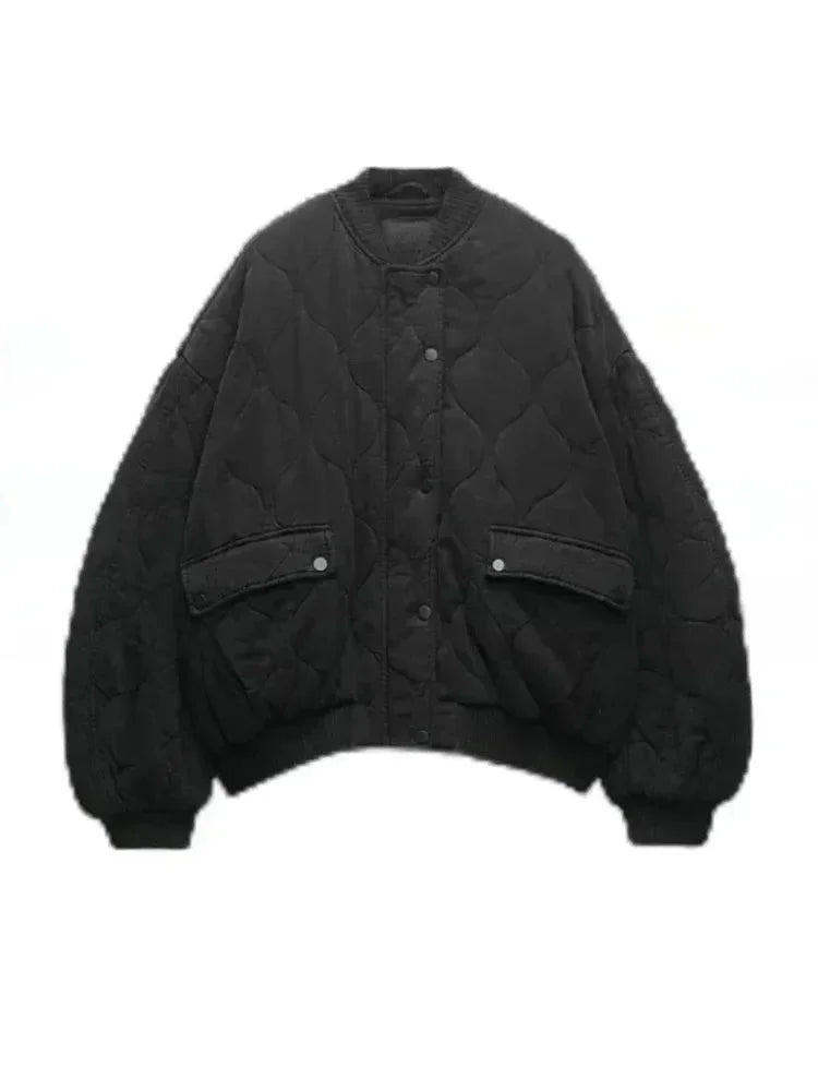 Oversized Quilted Women's Bomber Jacket with Press Studs