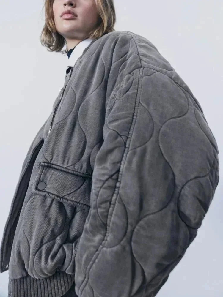 Oversized Quilted Women's Bomber Jacket with Press Studs