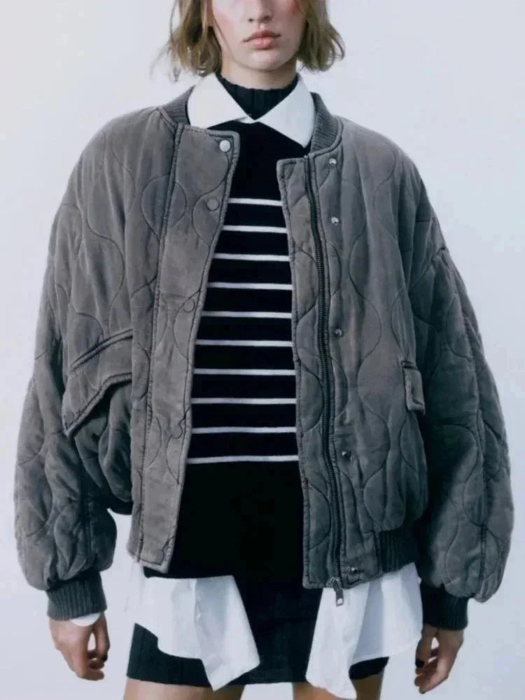 Oversized Quilted Women's Bomber Jacket with Press Studs