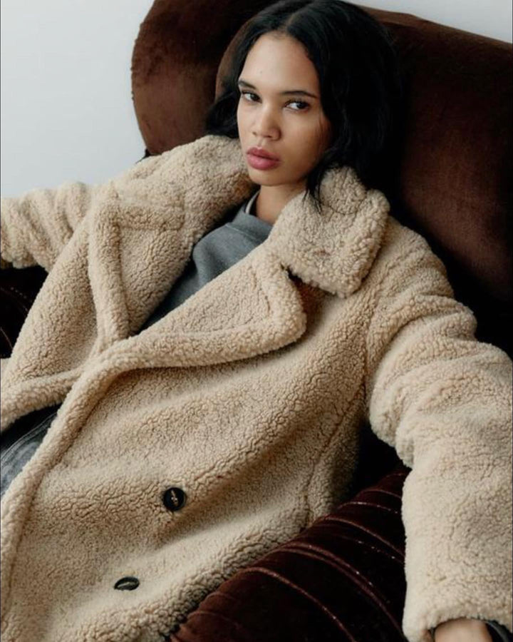 Rose | Women's Long Teddy Coat Faux Fur Double-Breasted Lapels