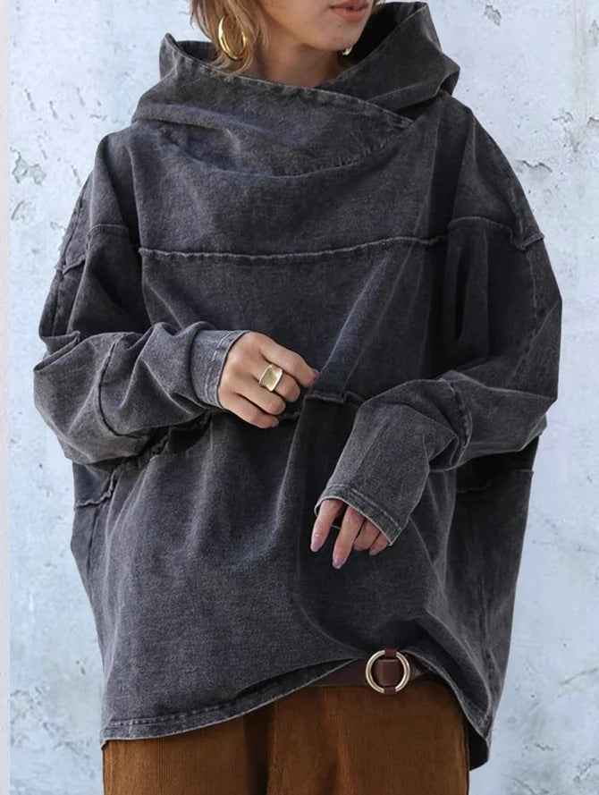 Reinhilde | Women's Oversized Washed Hoodie Draped Hood Side Pockets