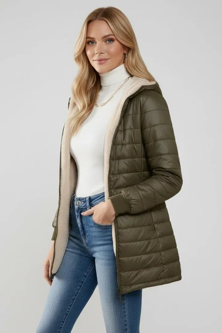Irmtraud | Women's Long Quilted Jacket Teddy-Lined Hood Full Zip