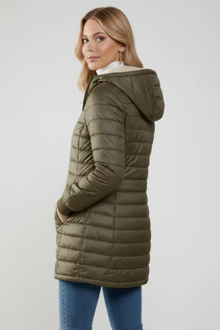 Irmtraud | Women's Long Quilted Jacket Teddy-Lined Hood Full Zip