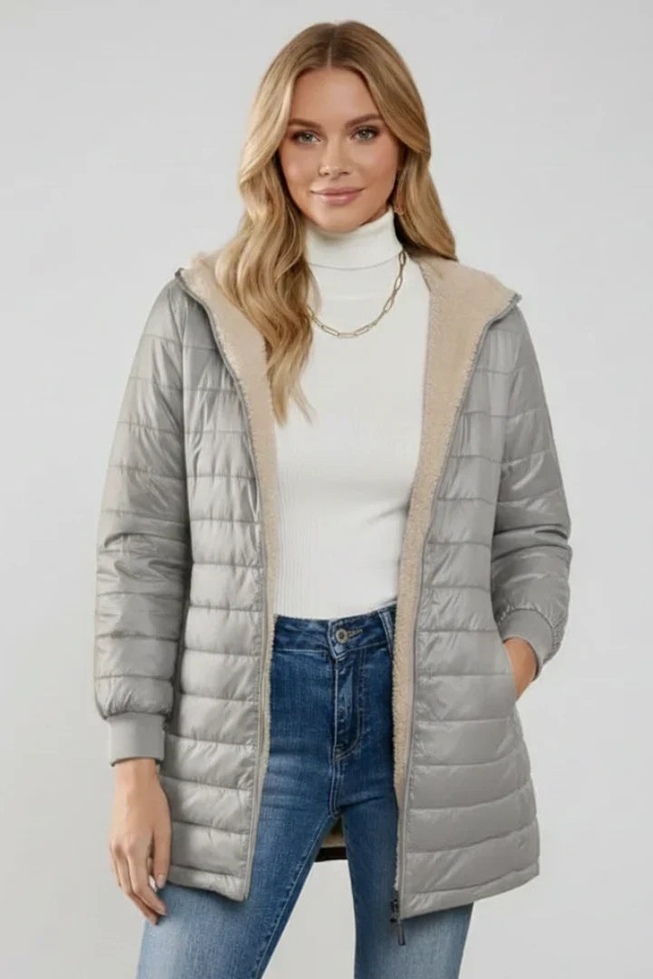Irmtraud | Women's Long Quilted Jacket Teddy-Lined Hood Full Zip
