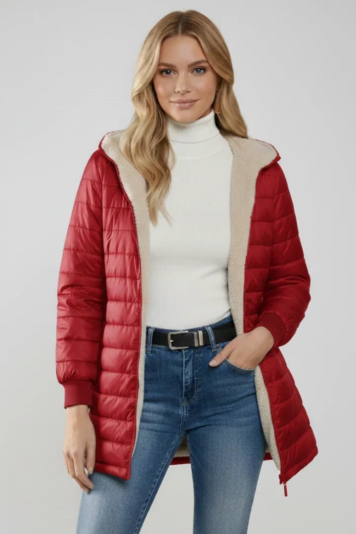 Irmtraud | Women's Long Quilted Jacket Teddy-Lined Hood Full Zip