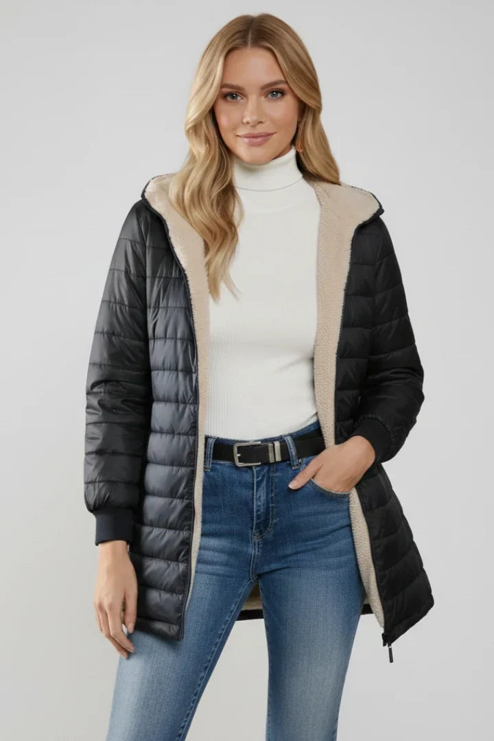 Irmtraud | Women's Long Quilted Jacket Teddy-Lined Hood Full Zip