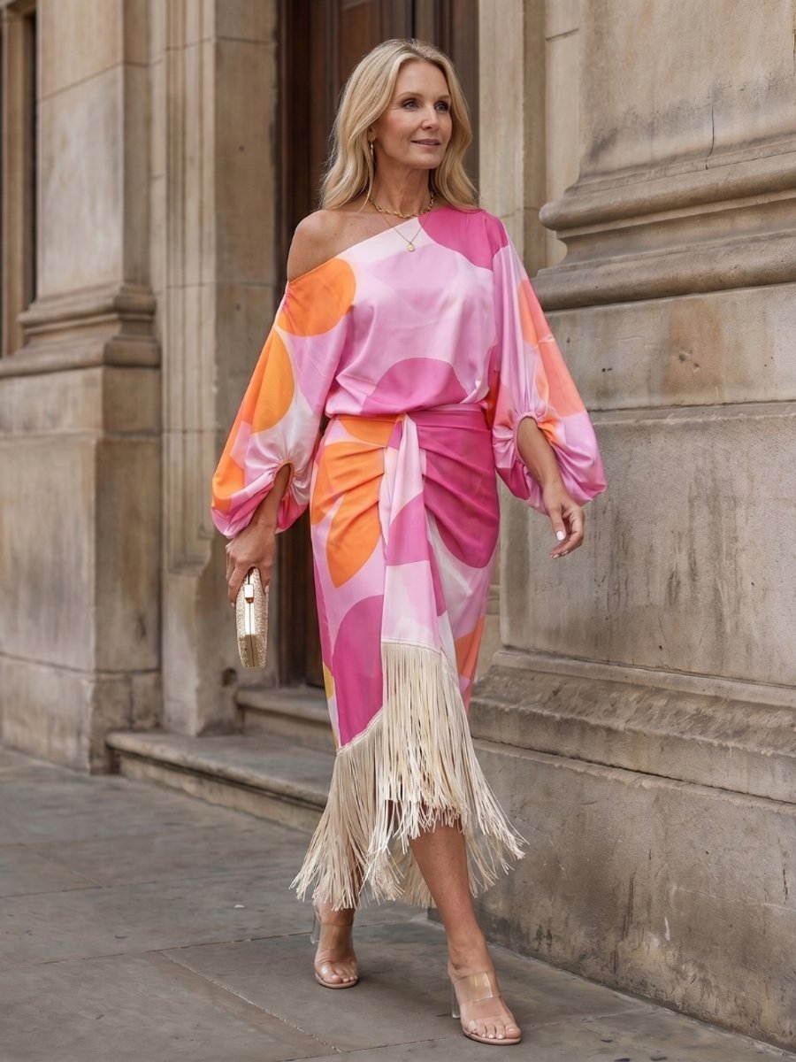 Aria | Women's Abstract Print Off-Shoulder Fringe Hem Midi Party Dress