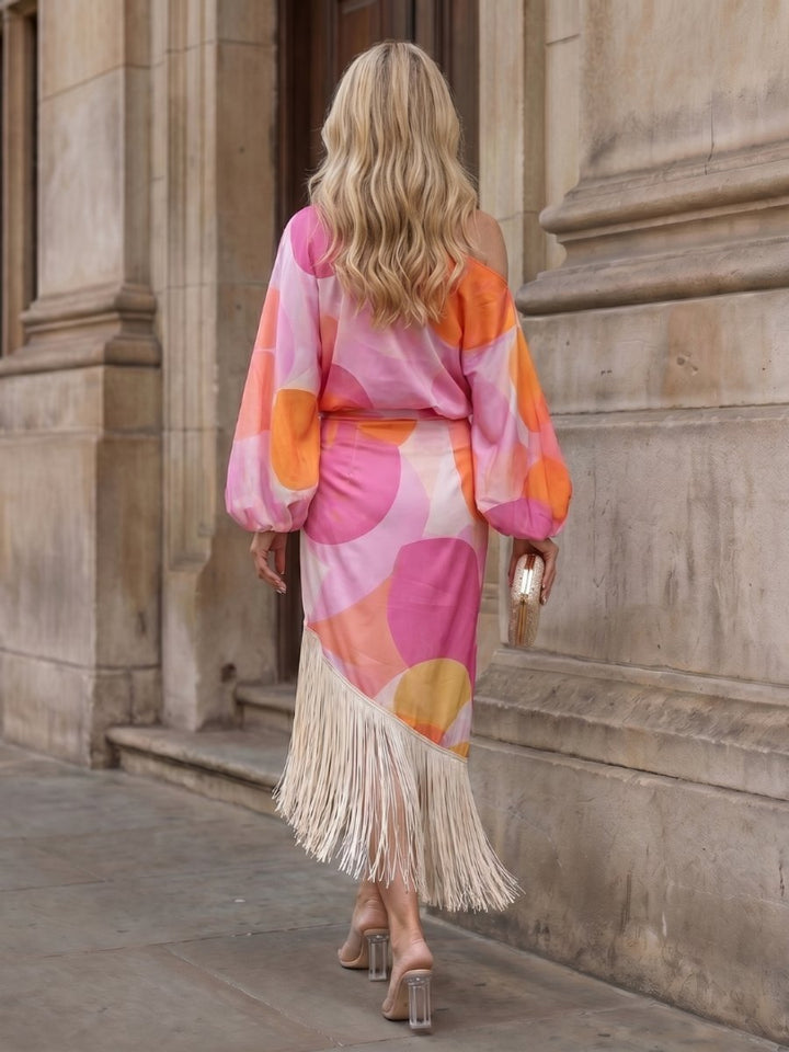 Aria | Women's Abstract Print Off-Shoulder Fringe Hem Midi Party Dress