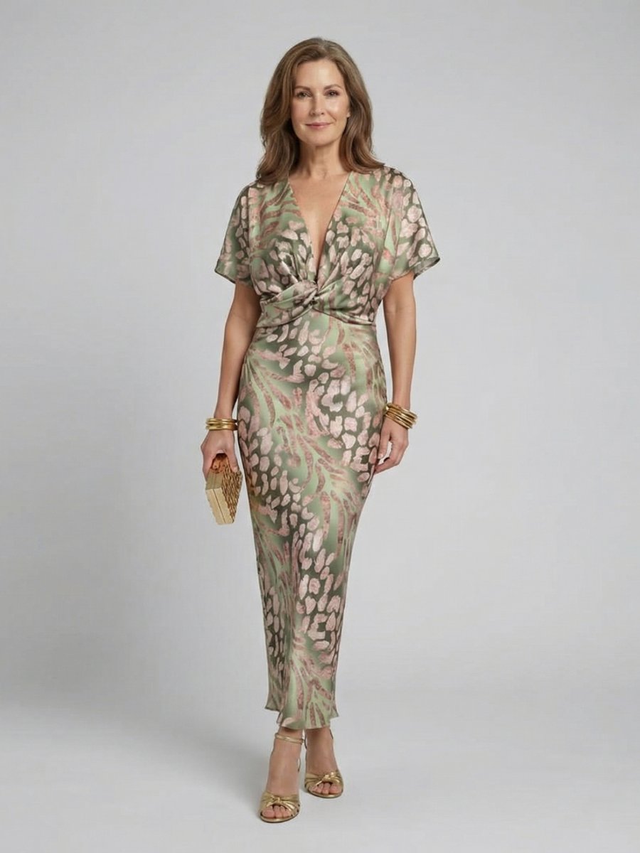 Grace | Women's Abstract Print V-Neck Twist Waist Christmas Party Midi Dress
