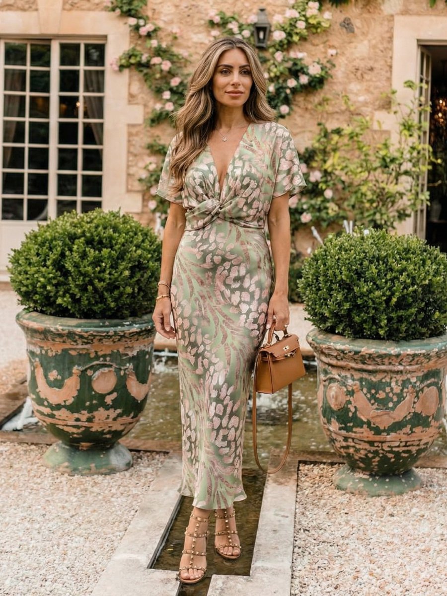 Grace | Women's Abstract Print V-Neck Twist Waist Christmas Party Midi Dress