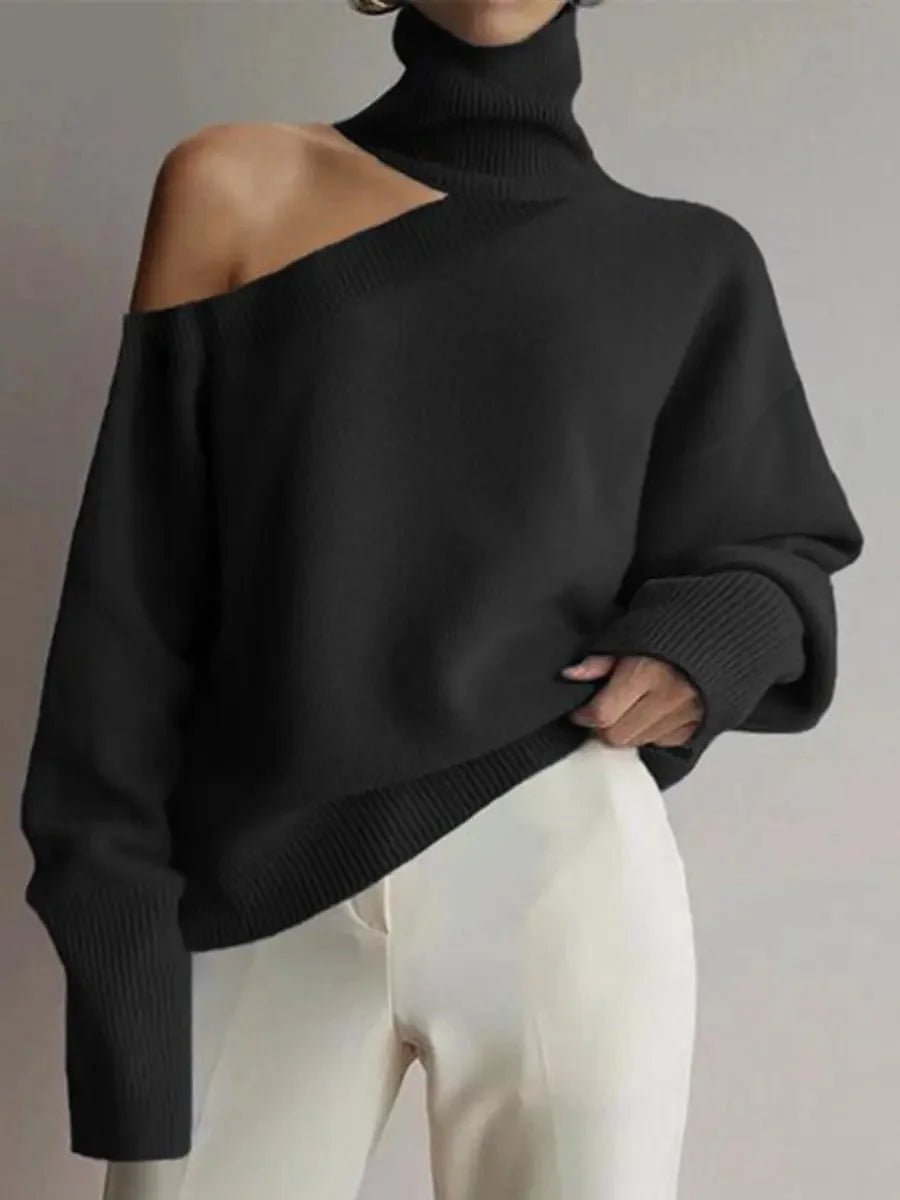 Emily | Women's Asymmetric Cold-Shoulder Roll Neck Knitted Jumper