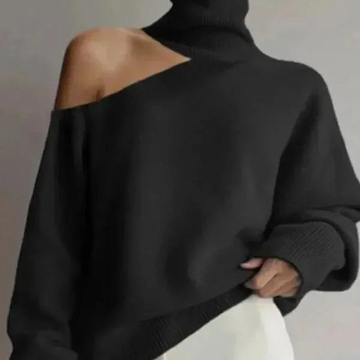 Emily | Women's Asymmetric Cold-Shoulder Roll Neck Knitted Jumper