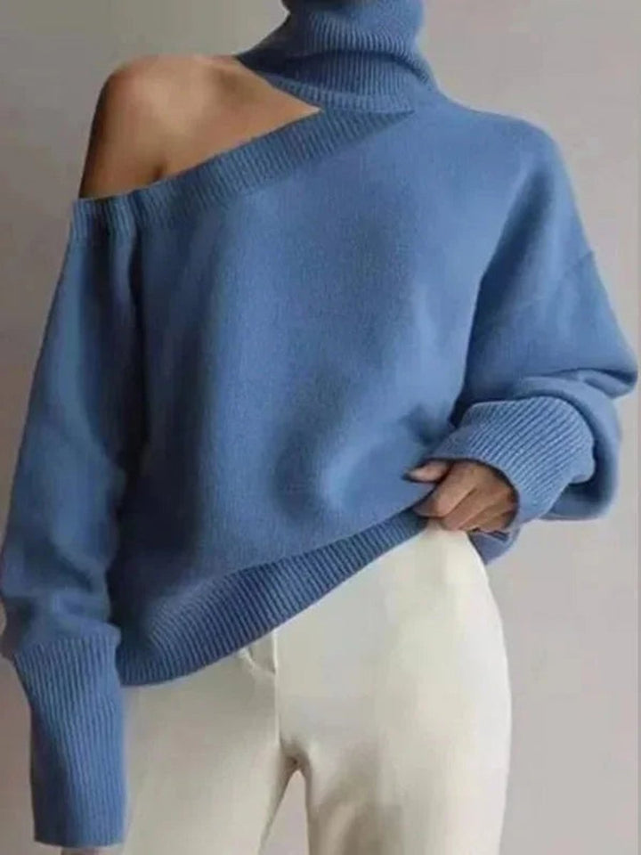 Emily | Women's Asymmetric Cold-Shoulder Roll Neck Knitted Jumper