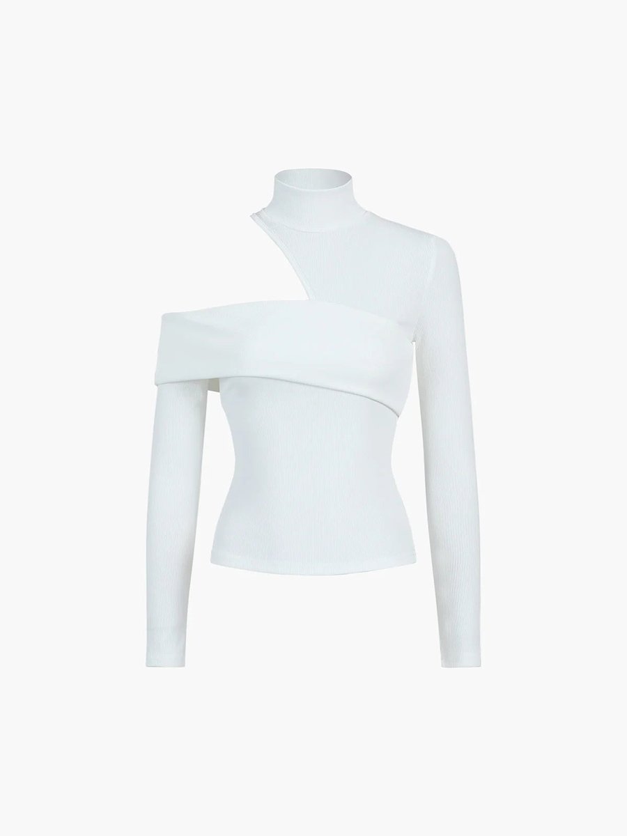 Evelyn | Women's Asymmetric Roll Neck Ribbed Knit Jumper Cut-Out Detail