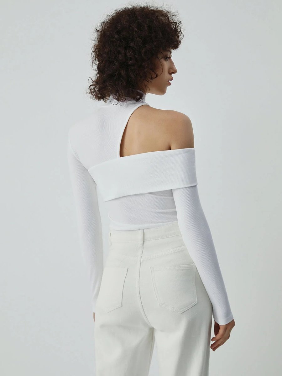 Evelyn | Women's Asymmetric Roll Neck Ribbed Knit Jumper Cut-Out Detail