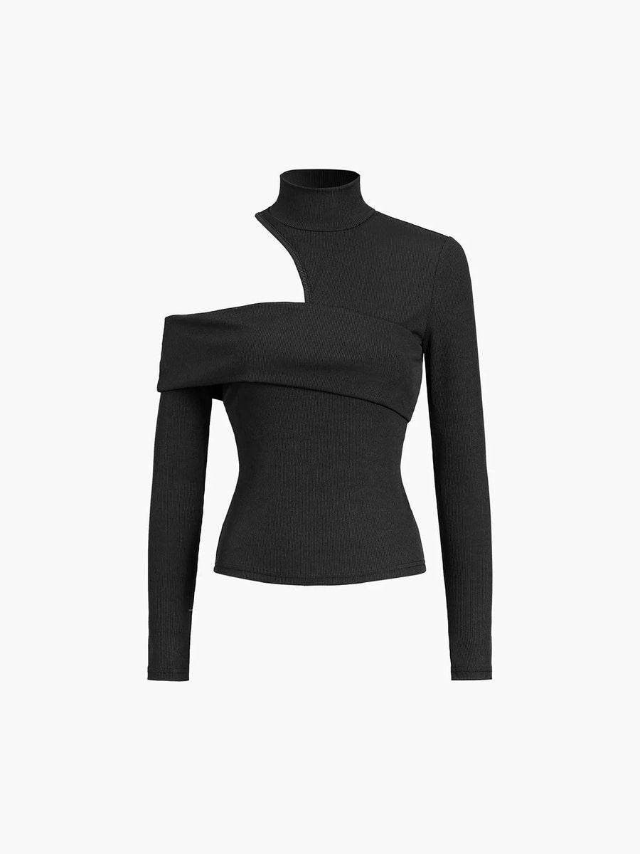 Evelyn | Women's Asymmetric Roll Neck Ribbed Knit Jumper Cut-Out Detail