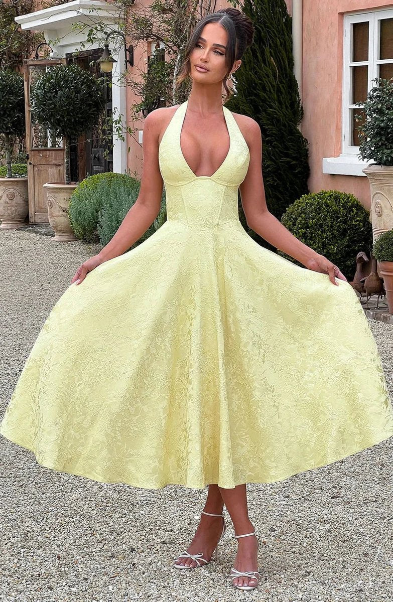 Florence | Women's Backless Pleated Midi Party Dress Elegant Evening Gown