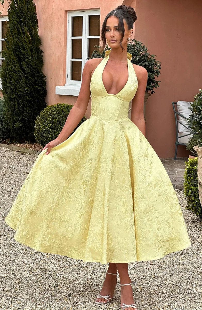 Florence | Women's Backless Pleated Midi Party Dress Elegant Evening Gown