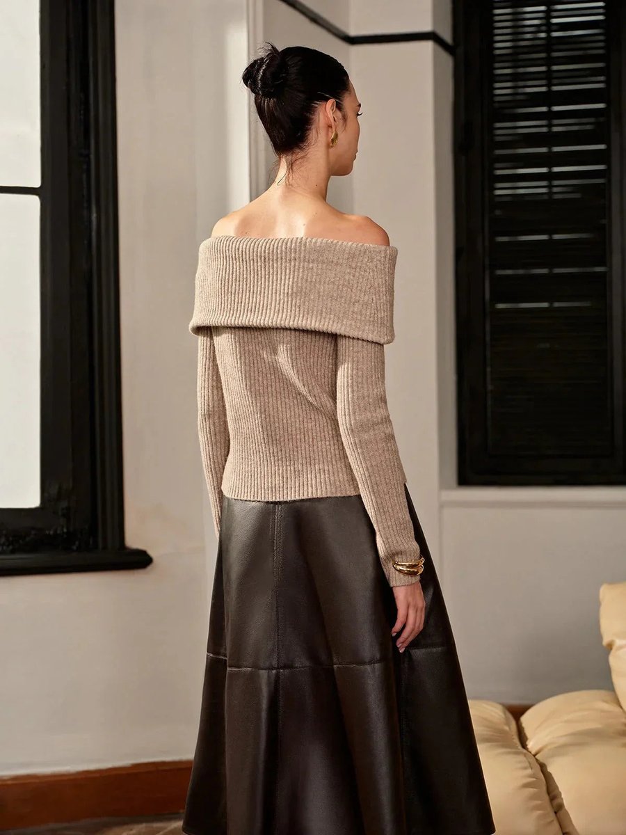 Rosie | Women's Bardot Off-Shoulder Ribbed Knitted Jumper Fold-Over Neck