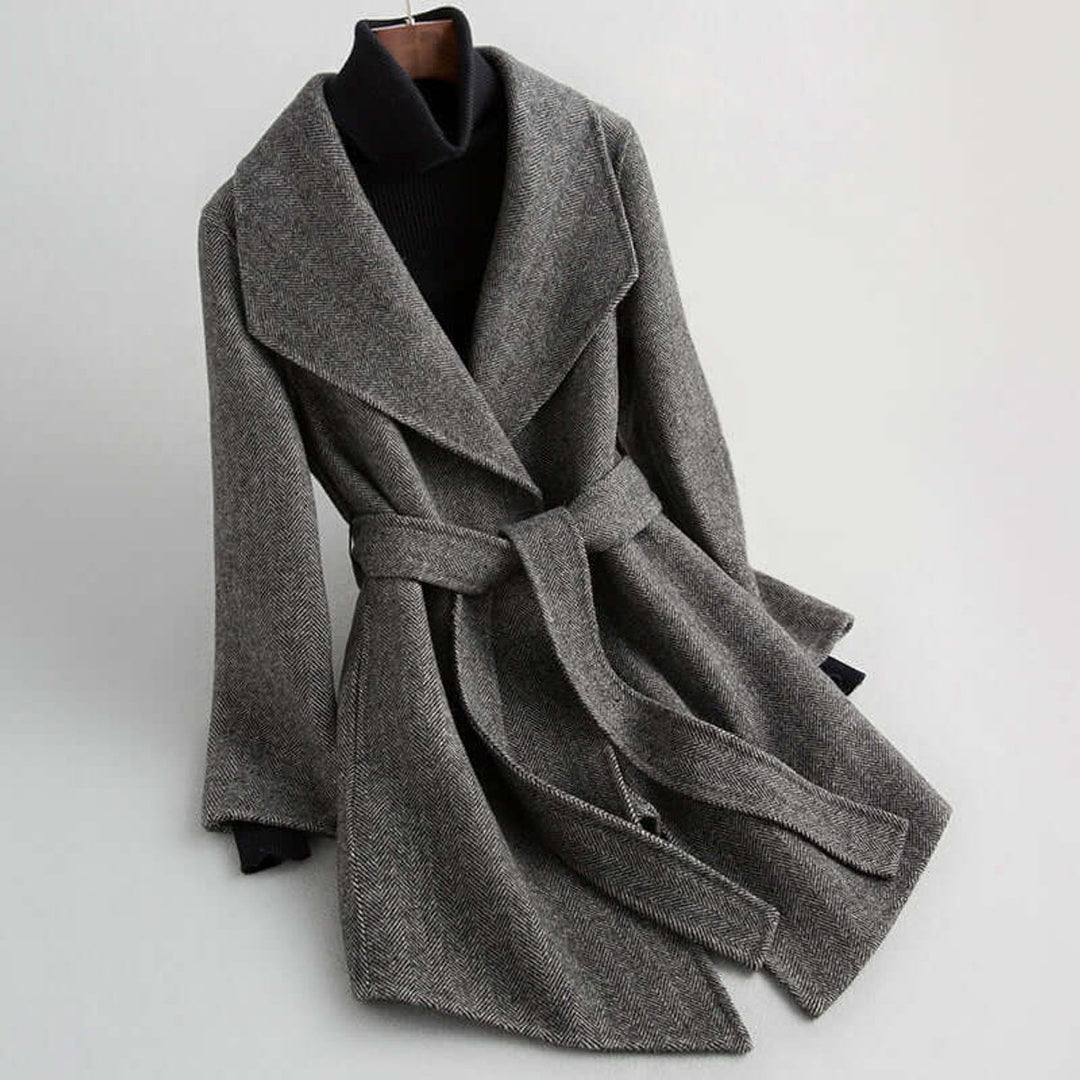 Emily | Women's Belted Herringbone Wool Coat Shawl Collar Wrap