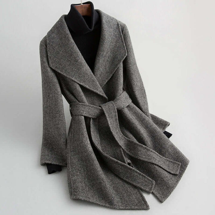 Emily | Women's Belted Herringbone Wool Coat Shawl Collar Wrap