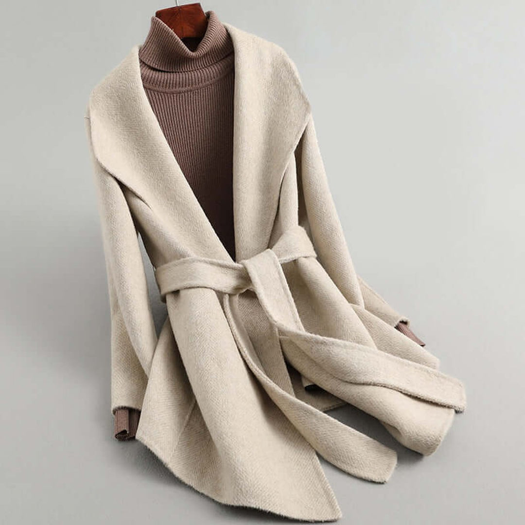 Emily | Women's Belted Herringbone Wool Coat Shawl Collar Wrap