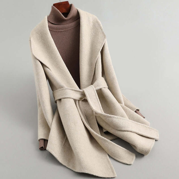 Emily | Women's Belted Herringbone Wool Coat Shawl Collar Wrap