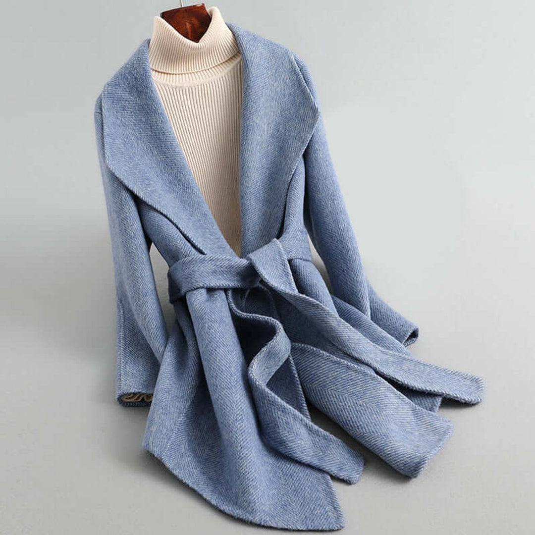 Emily | Women's Belted Herringbone Wool Coat Shawl Collar Wrap