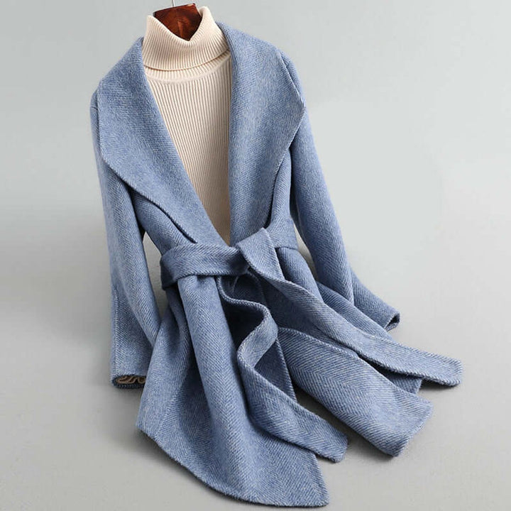 Emily | Women's Belted Herringbone Wool Coat Shawl Collar Wrap