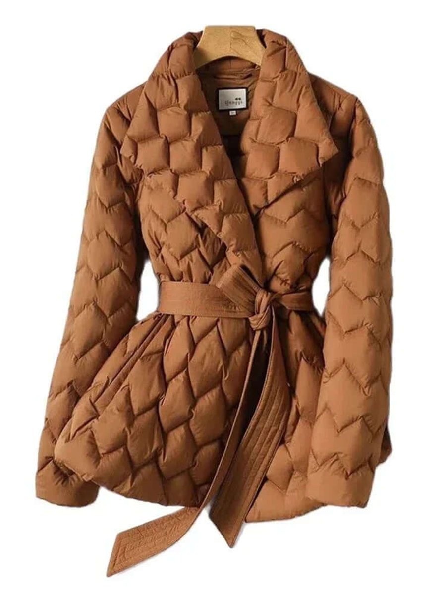 Florence | Women's Belted Mid-Length Diamond-Quilted Ladies Puffer Jacket