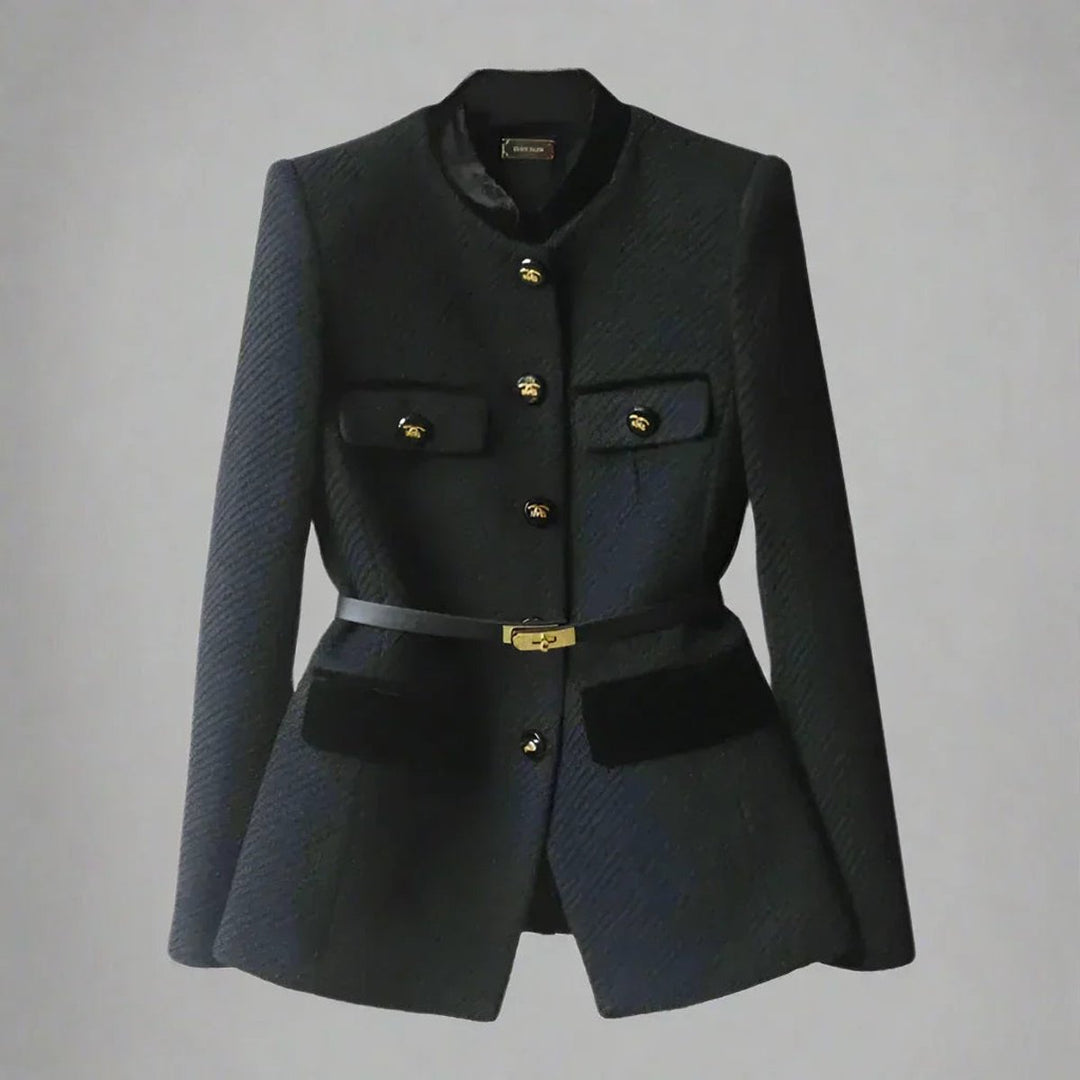 Willow | Women's Belted Wool Coat Tailored Velvet-Trim Gold-Button Jacket