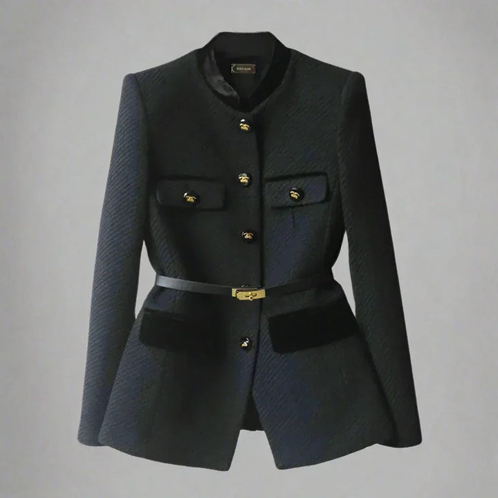 Willow | Women's Belted Wool Coat Tailored Velvet-Trim Gold-Button Jacket