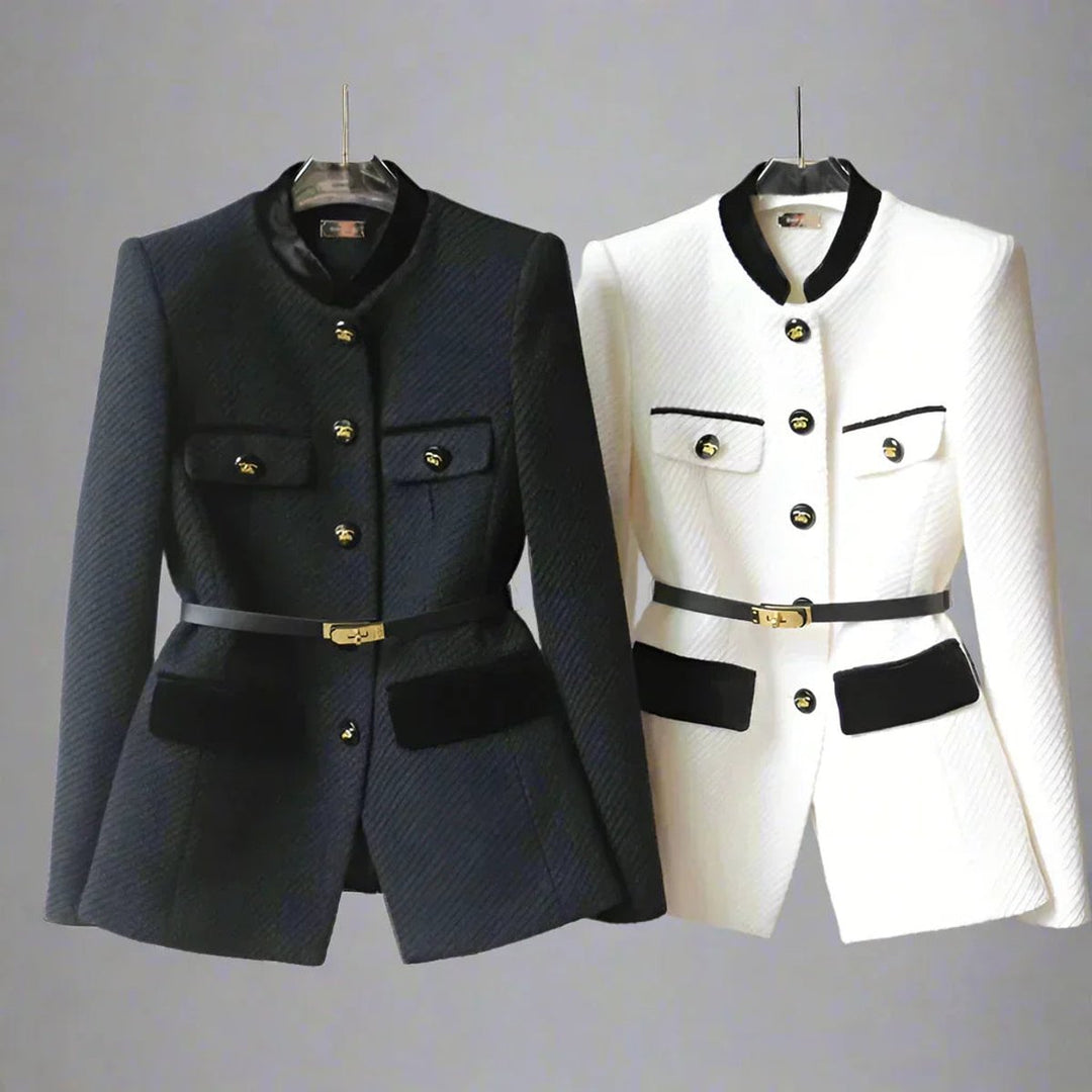 Willow | Women's Belted Wool Coat Tailored Velvet-Trim Gold-Button Jacket