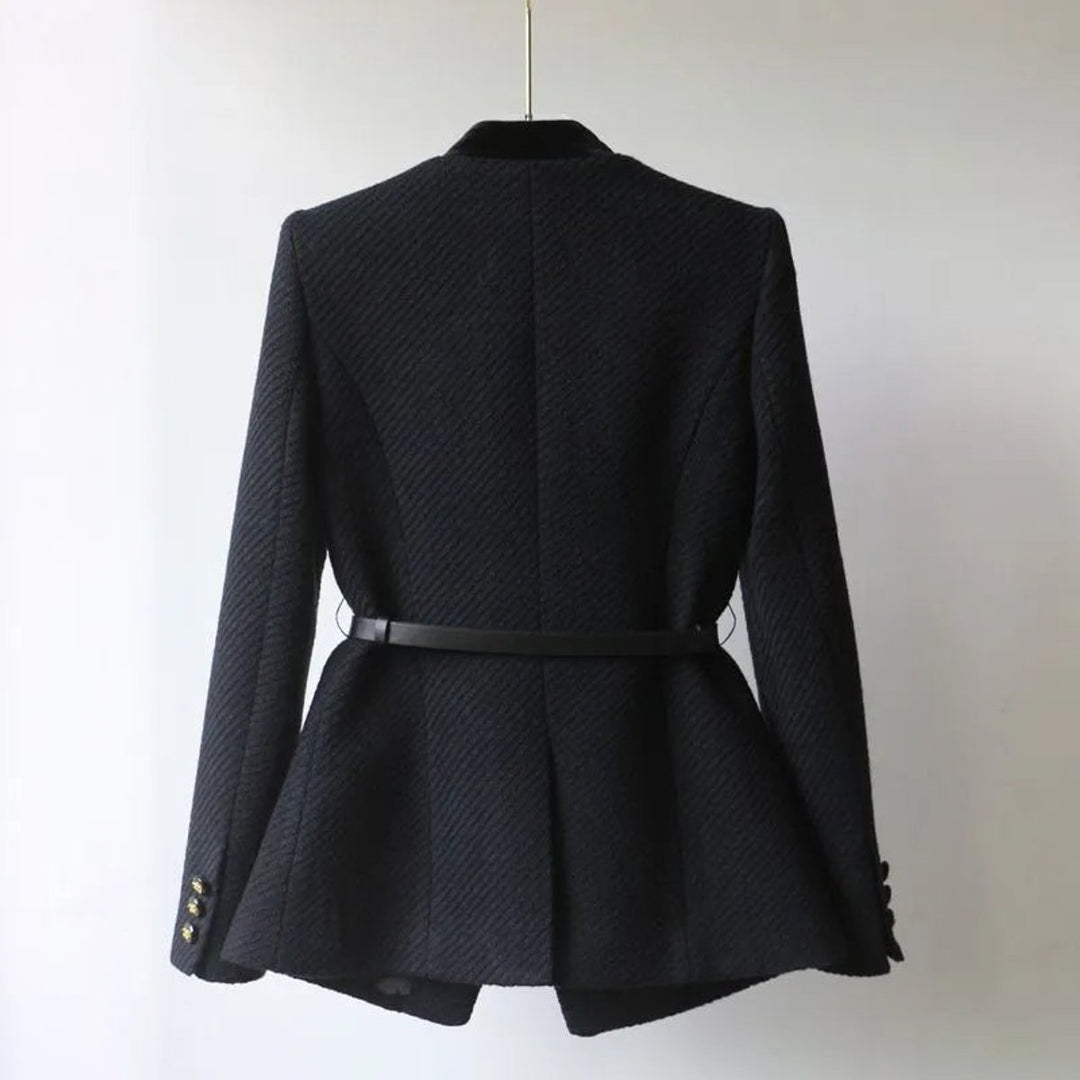 Willow | Women's Belted Wool Coat Tailored Velvet-Trim Gold-Button Jacket