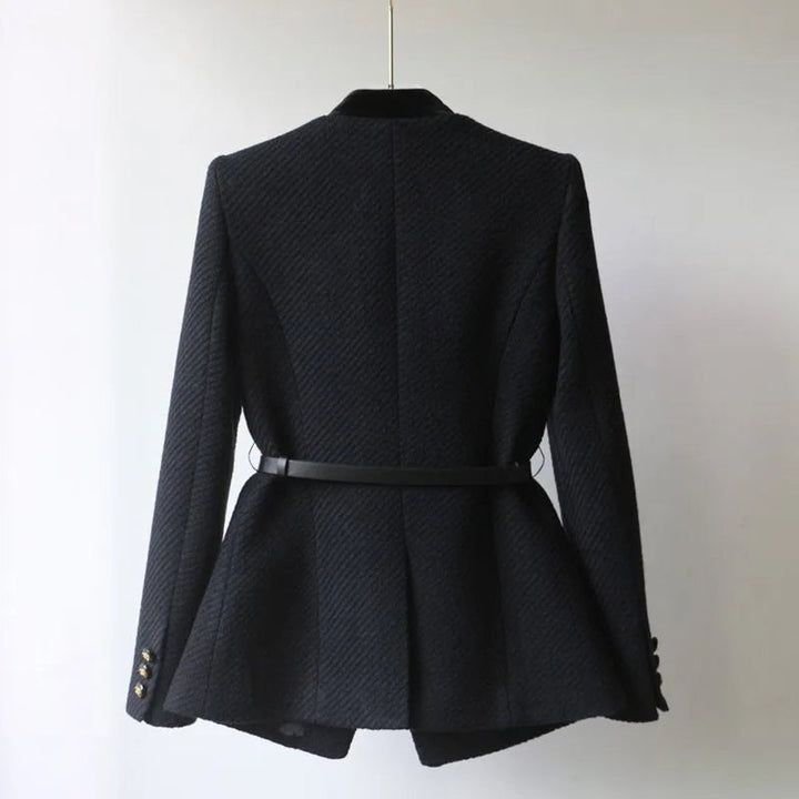 Willow | Women's Belted Wool Coat Tailored Velvet-Trim Gold-Button Jacket