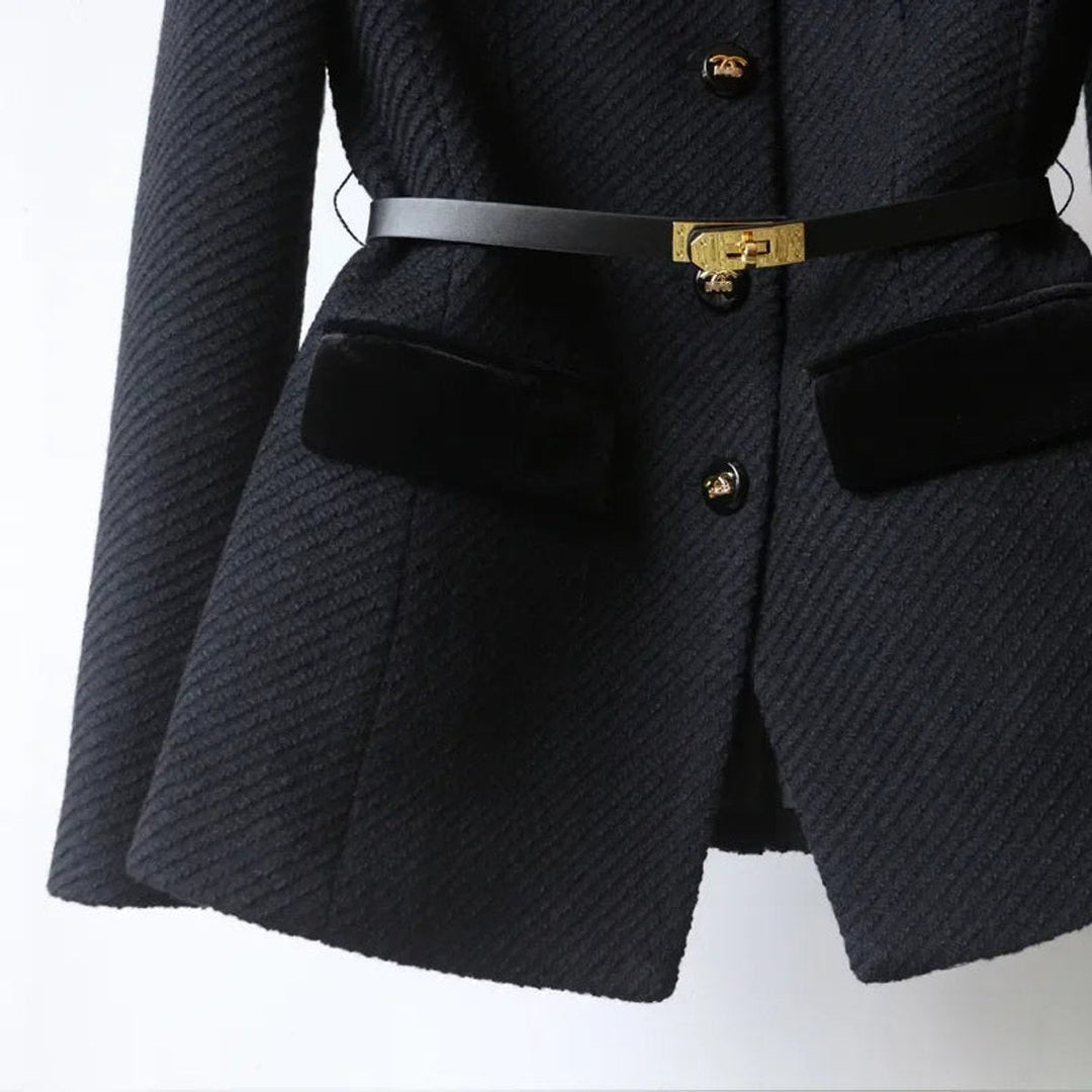 Willow | Women's Belted Wool Coat Tailored Velvet-Trim Gold-Button Jacket